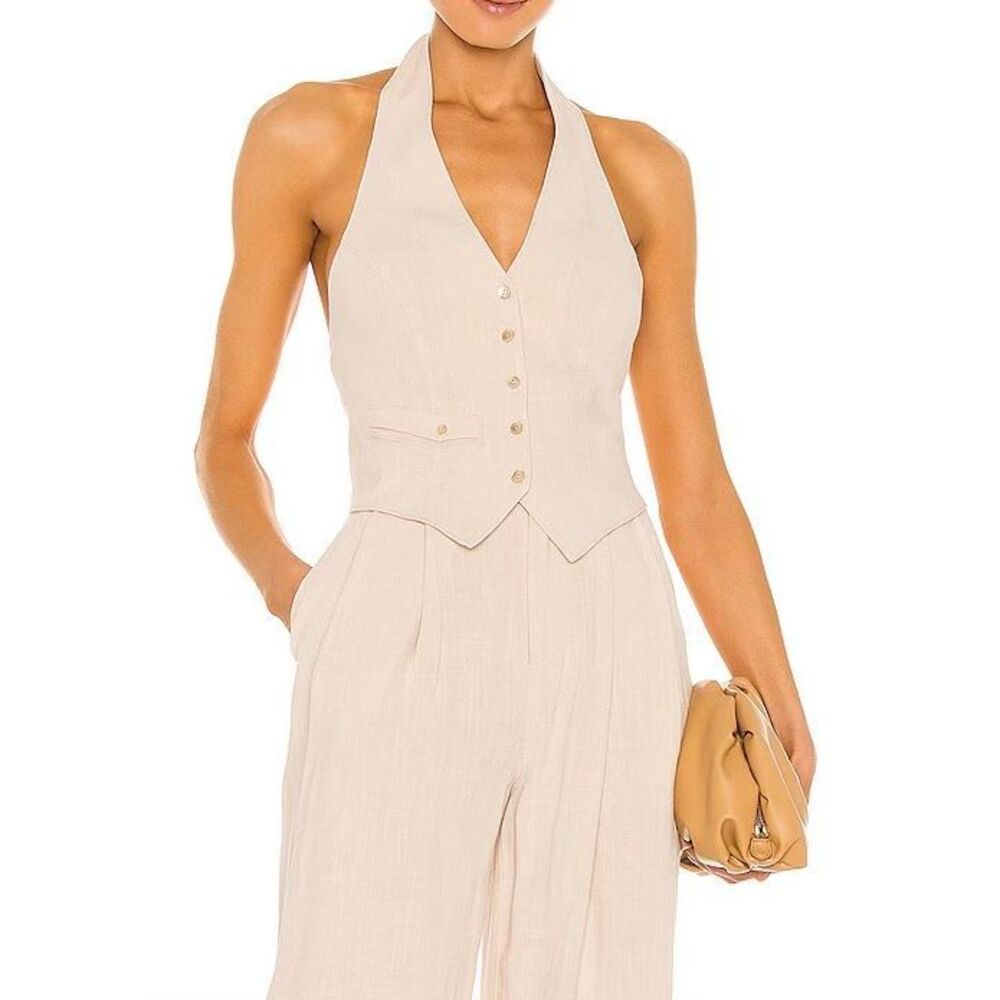Song Of Style Halter Vest‎ Size M Beige Linen Blend Open Back Textured